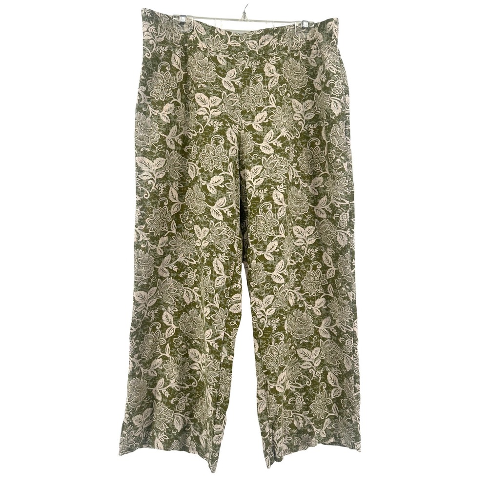 Naturals d&co. Olive Green Floral Linen‎ Blend Wide Leg Pants Large Resort Beach